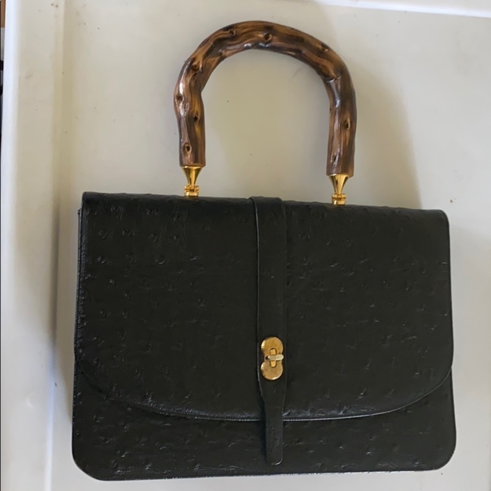 Vintage Black Ostrich Leather Structured Hand Bag